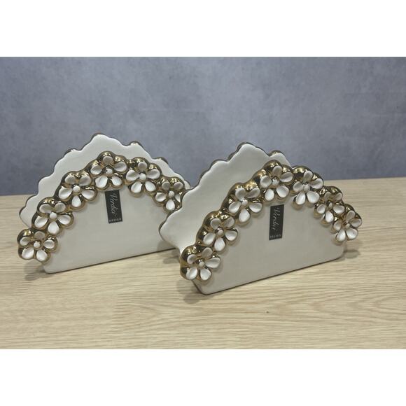 Vintage Verdici Gold & White Daisy Napkins Holder 1968 Lot of 2 Mint Condition - Picture 1 of 9